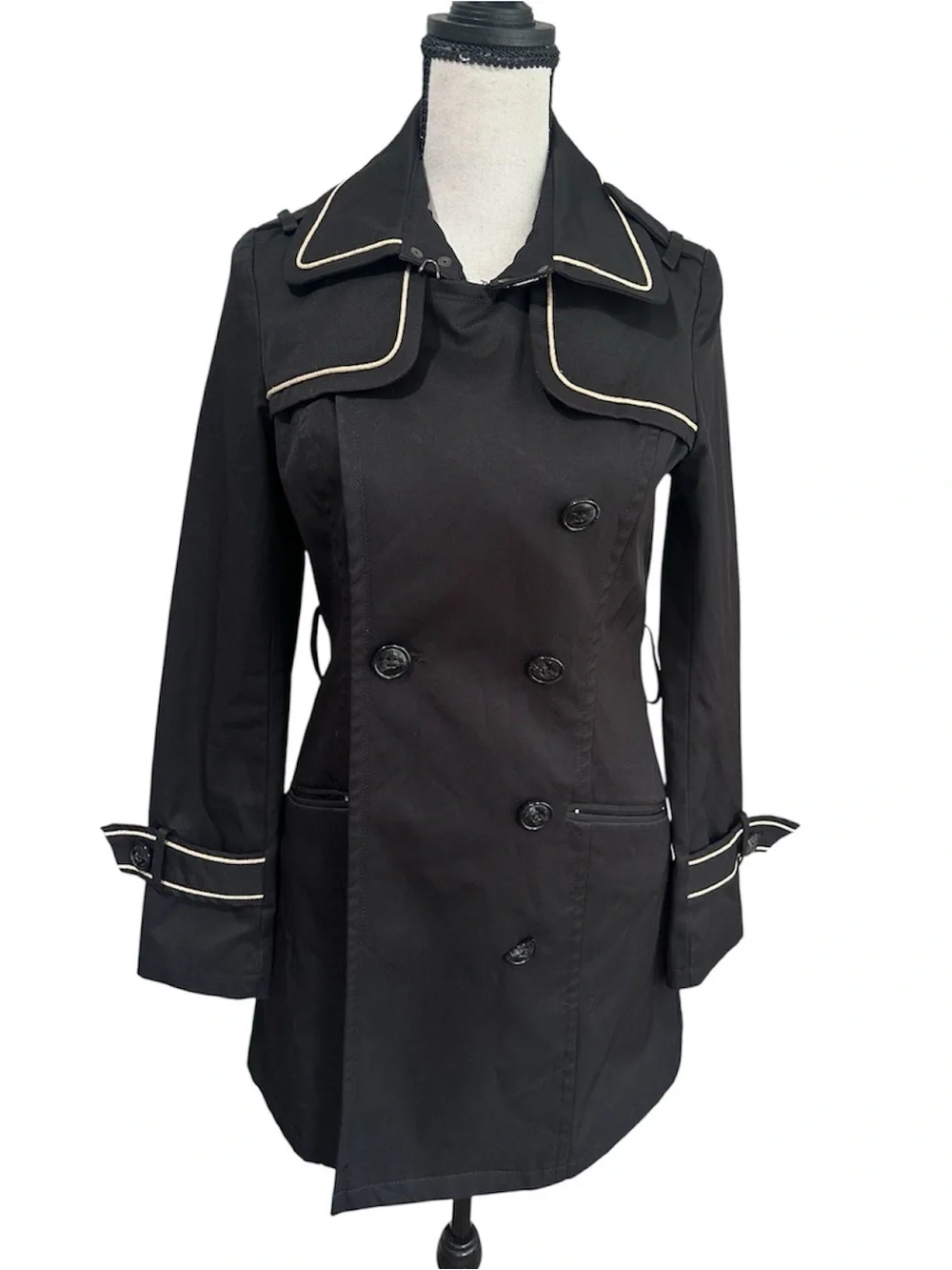 Peacebird Women’s Black Belted Trench Coat Sz S